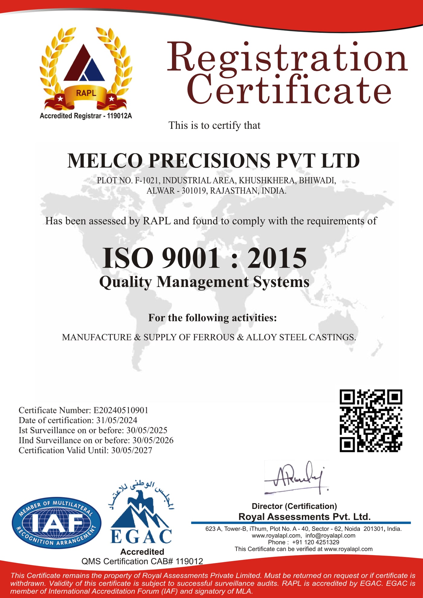 ISO 9001:2015 certificate issued to Melco Precisions Pvt Ltd by Royal Assessments Pvt Ltd, certificate number E20240510901, valid until 30 May 2027