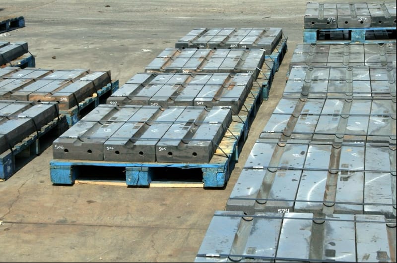Palletised blow bar castings in the despatch yard ready for export